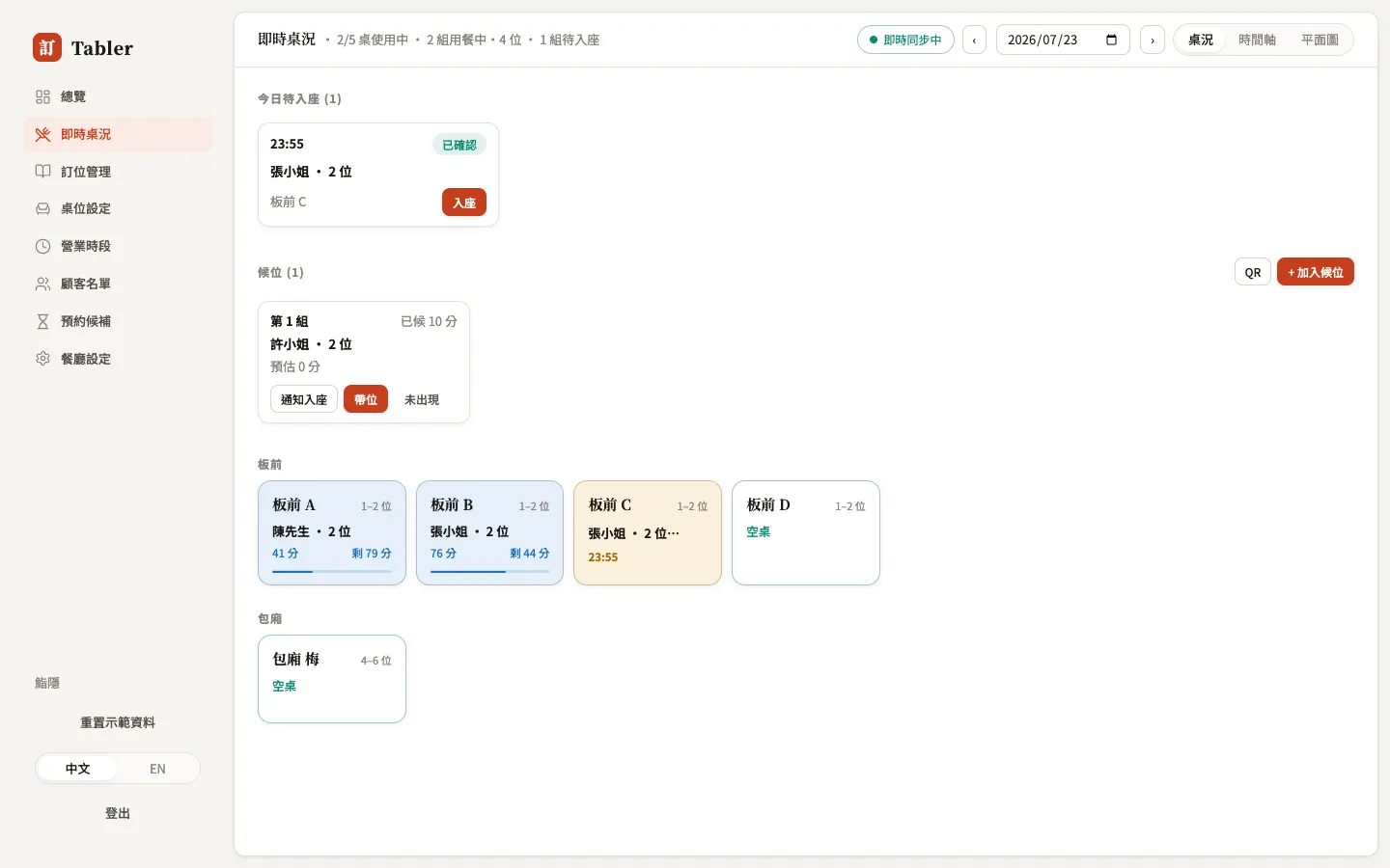 即時桌況：待入座、候位與各桌狀態