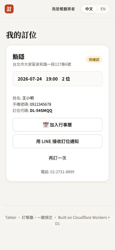 客人的訂位管理頁