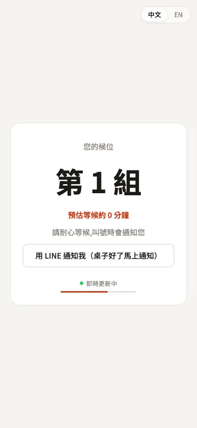 客人的候位狀態頁：目前順位與預估等候